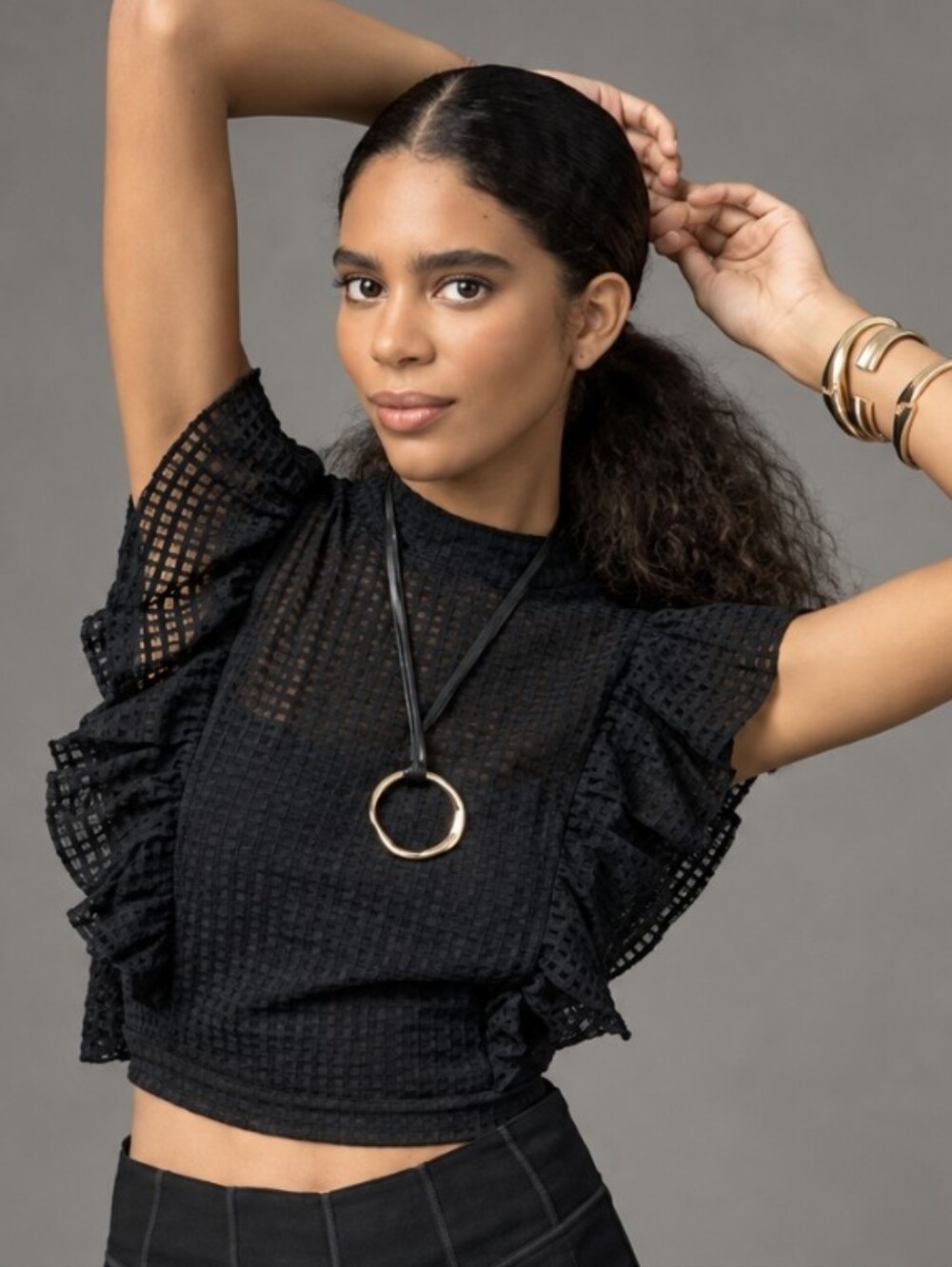 Anthropologie Maeve Crop Ruffle Mesh Top Black Sleeveless Open Back Sheer Sz L